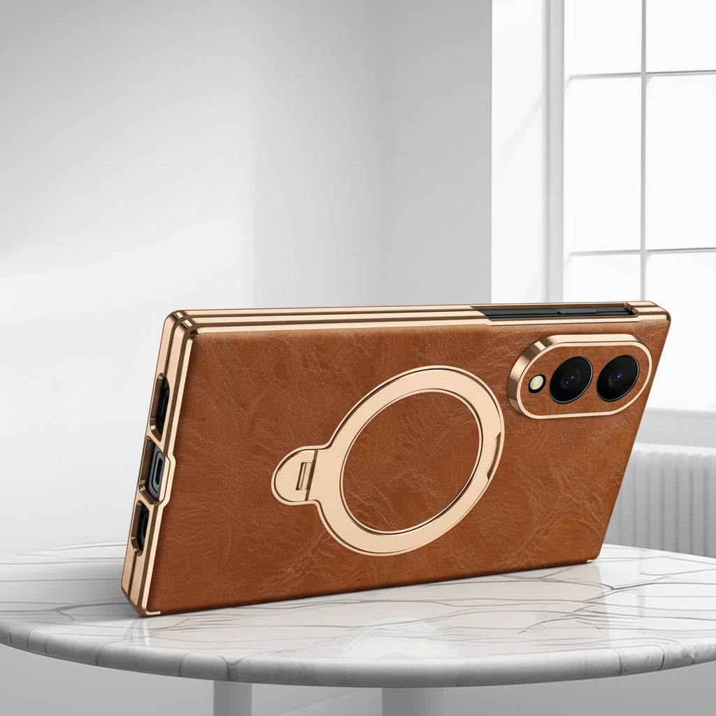 Samsung Flip Cover, Gold-Edged Stand, Oil-Wax Leather Protective Case (Exclusive)