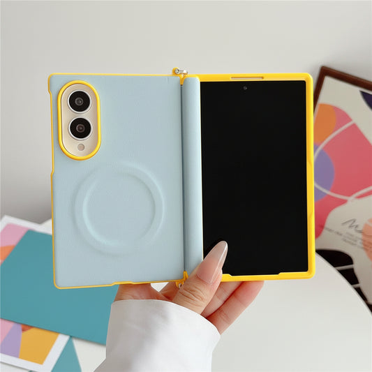 Samsung Z Fold color-blocked central axis, lychee texture side buckle, full-coverage hard case (Exclusive)