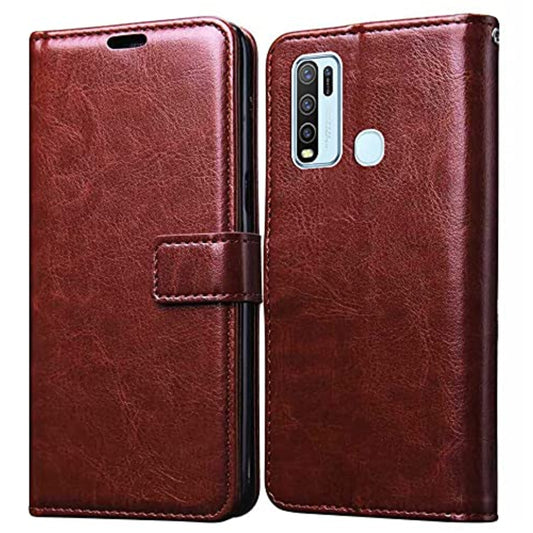 Vivo Y30 Vintage Flip Cover -Inner TPU  Fold-able Stand  Wallet Card Slots Leather