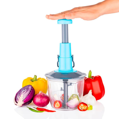 Varo 2-in-1 Hand Press Push Chopper | Manual Chopper with 4 Precision Blades for Effortless Vegetable & Fruit Cutting 1000ML Capacity | Sleek Blue Design