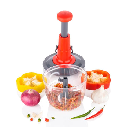 Varo 2-in-1 Hand Press Push Chopper | Manual Chopper with 4 Precision Blades for Effortless Vegetable & Fruit Cutting 1000ML Capacity | Sleek Blue Design