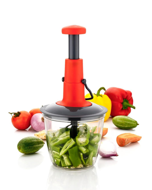 Varo 2-in-1 Hand Press Push Chopper | Manual Chopper with 4 Precision Blades for Effortless Vegetable & Fruit Cutting 1000ML Capacity | Sleek Blue Design
