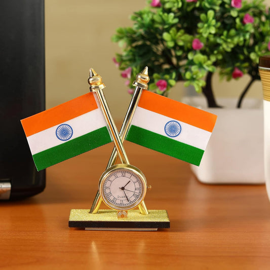 Tiranga India Flag Car Dashboard Indian Flag with Quartz (Universal) | Clock for Home, Office Table, Study Room