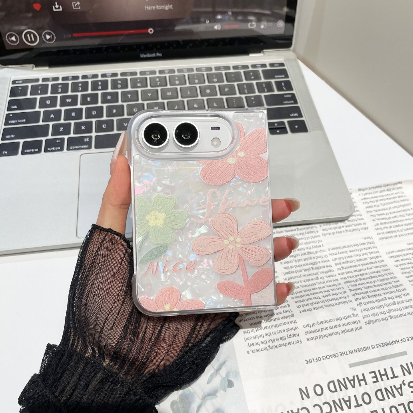 Apple Iphone Ultra ins style shell pattern flower full coverage drop protection foldable screen Case (Exclusive)