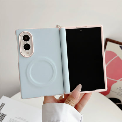 Samsung Z Fold color-blocked central axis, lychee texture side buckle, full-coverage hard case (Exclusive)