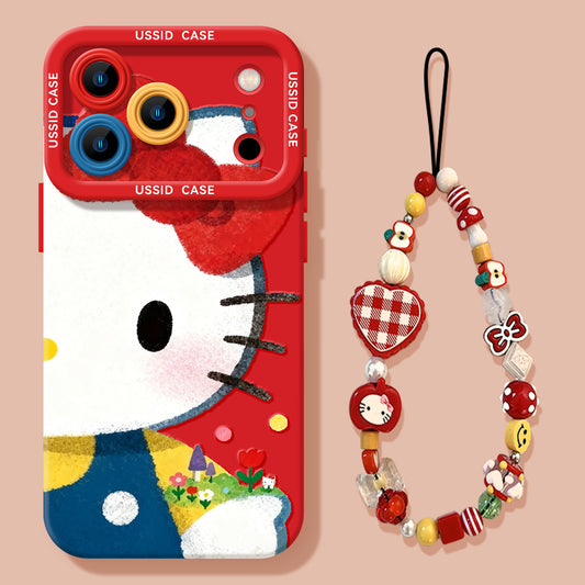Apple Iphone New Year Big Face Cat for Girls Soft Case + Same style Hanging Chain