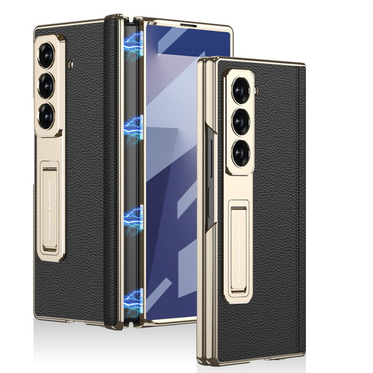 Samsung Fold Series Electroplated Bracket Plain Leather Magnetic Hinge Business Anti-Fall Protective (Exclusive)