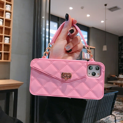 Apple iPhone diamond pattern card slot wallet,lanyard silicone phone case(Exclusive)