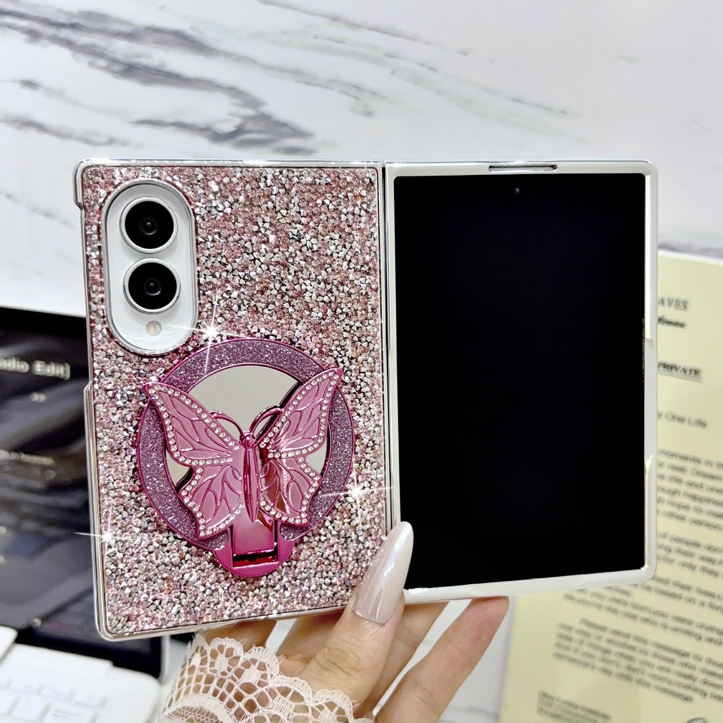 Samsung Fold electroplated butterfly folding diamond folding case (Exclusive)