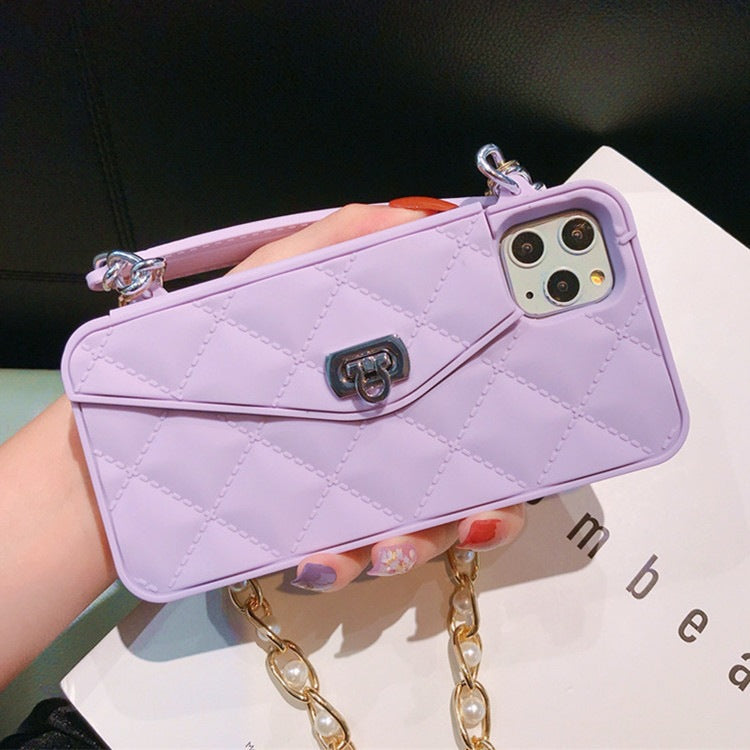 Apple iPhone diamond pattern card slot wallet,lanyard silicone phone case(Exclusive)