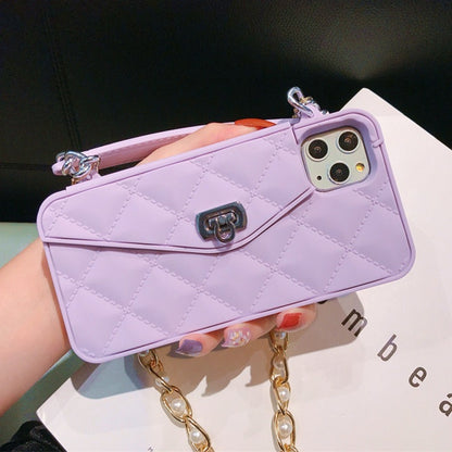 Apple iPhone diamond pattern card slot wallet,lanyard silicone phone case(Exclusive)