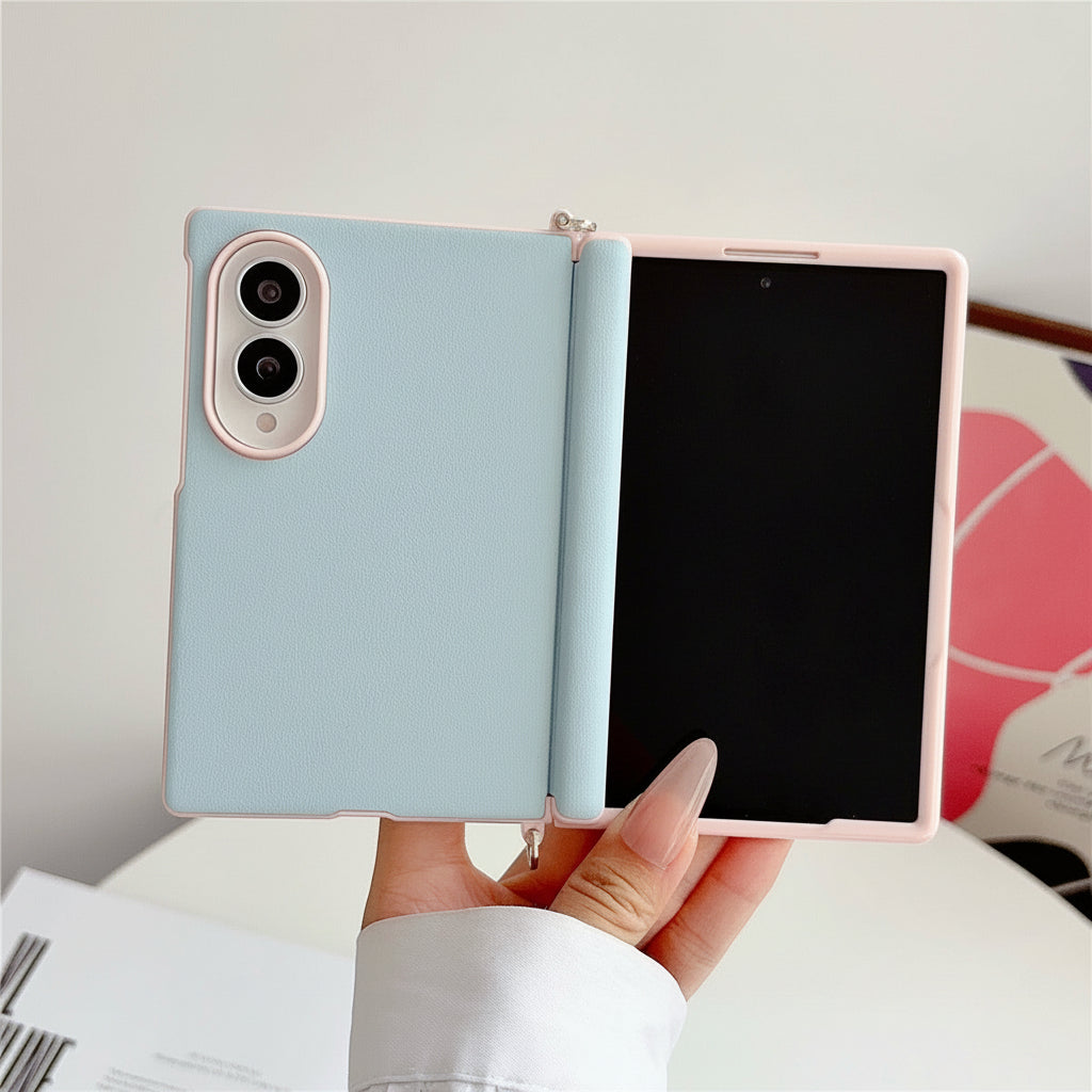 Samsung Z Fold color-blocked central axis, lychee texture side buckle, full-coverage hard case (Exclusive)
