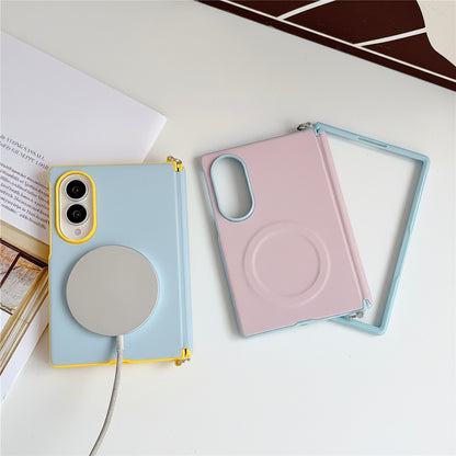 Samsung Z Fold color-blocked central axis, lychee texture side buckle, full-coverage hard case (Exclusive)