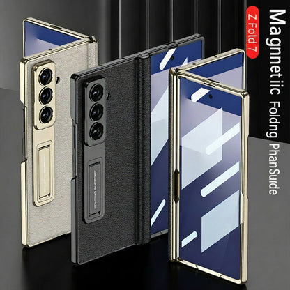 Samsung Fold Series Electroplated Bracket Plain Leather Magnetic Hinge Business Anti-Fall Protective (Exclusive)