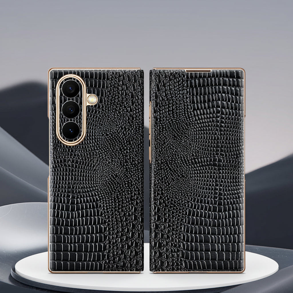 Samsung Z Fold Series Case with Crocodile Pattern Electroplated Gold trim Genuine Leather Case  (Exclusive)