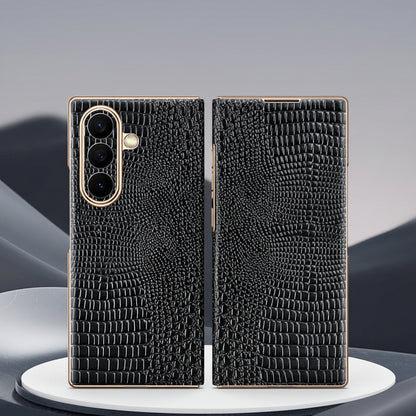 Samsung Z Fold Series Case with Crocodile Pattern Electroplated Gold trim Genuine Leather Case  (Exclusive)