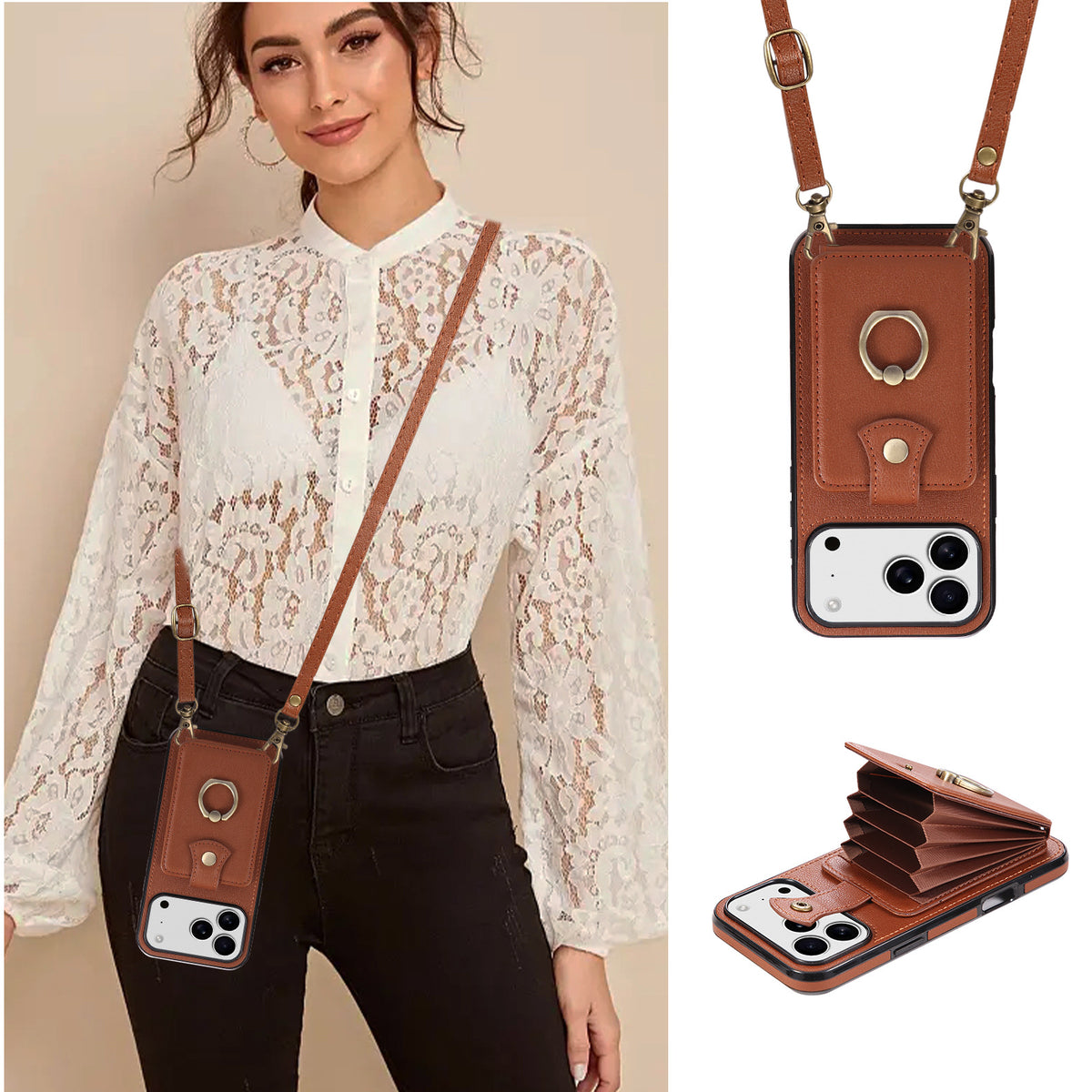 Apple iPhone Ring Buckle Accordion Crossbody Lanyard Card Holder Case (Exclusive)