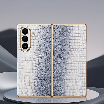 Samsung Z Fold Series Case with Crocodile Pattern Electroplated Gold trim Genuine Leather Case  (Exclusive)