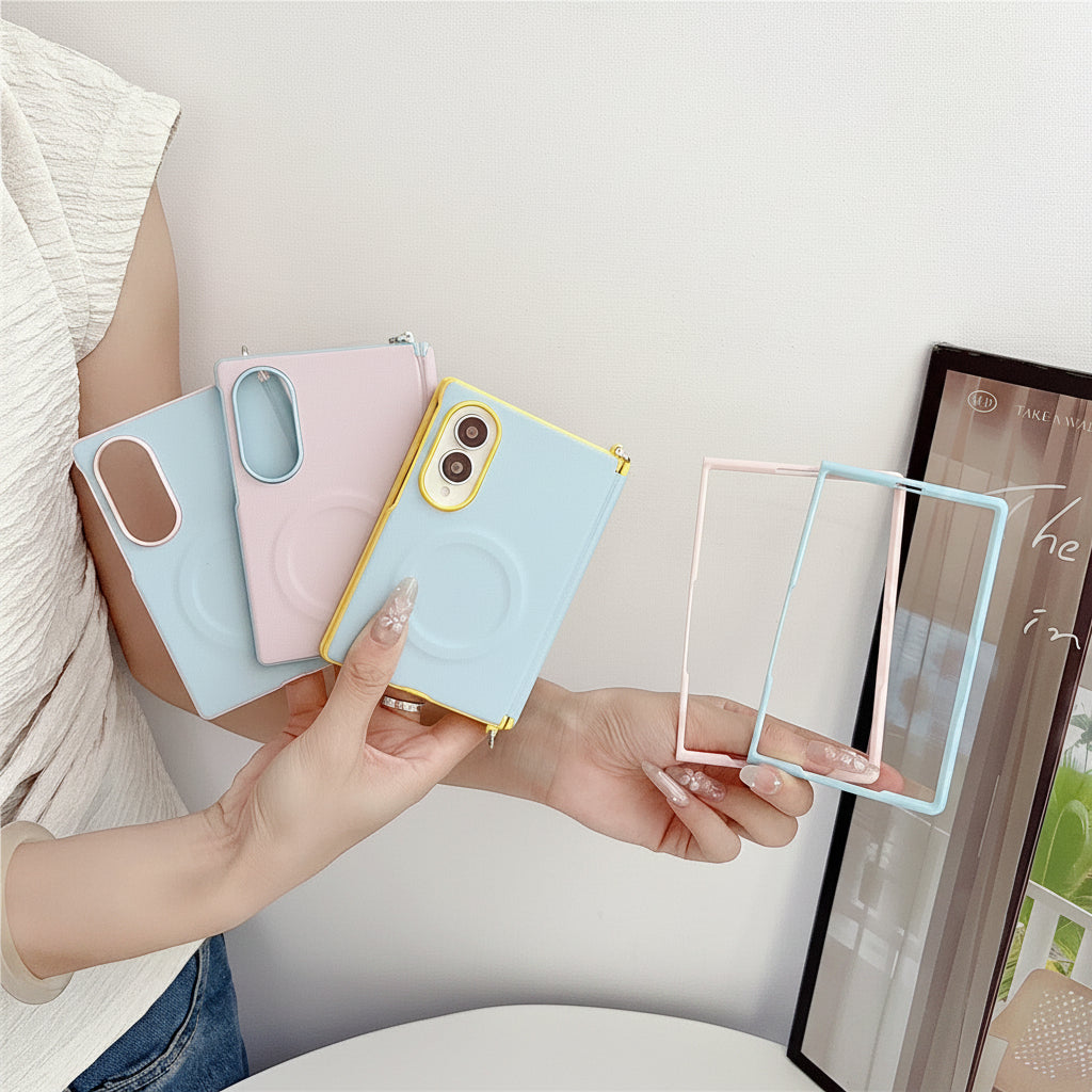 Samsung Z Fold color-blocked central axis, lychee texture side buckle, full-coverage hard case (Exclusive)