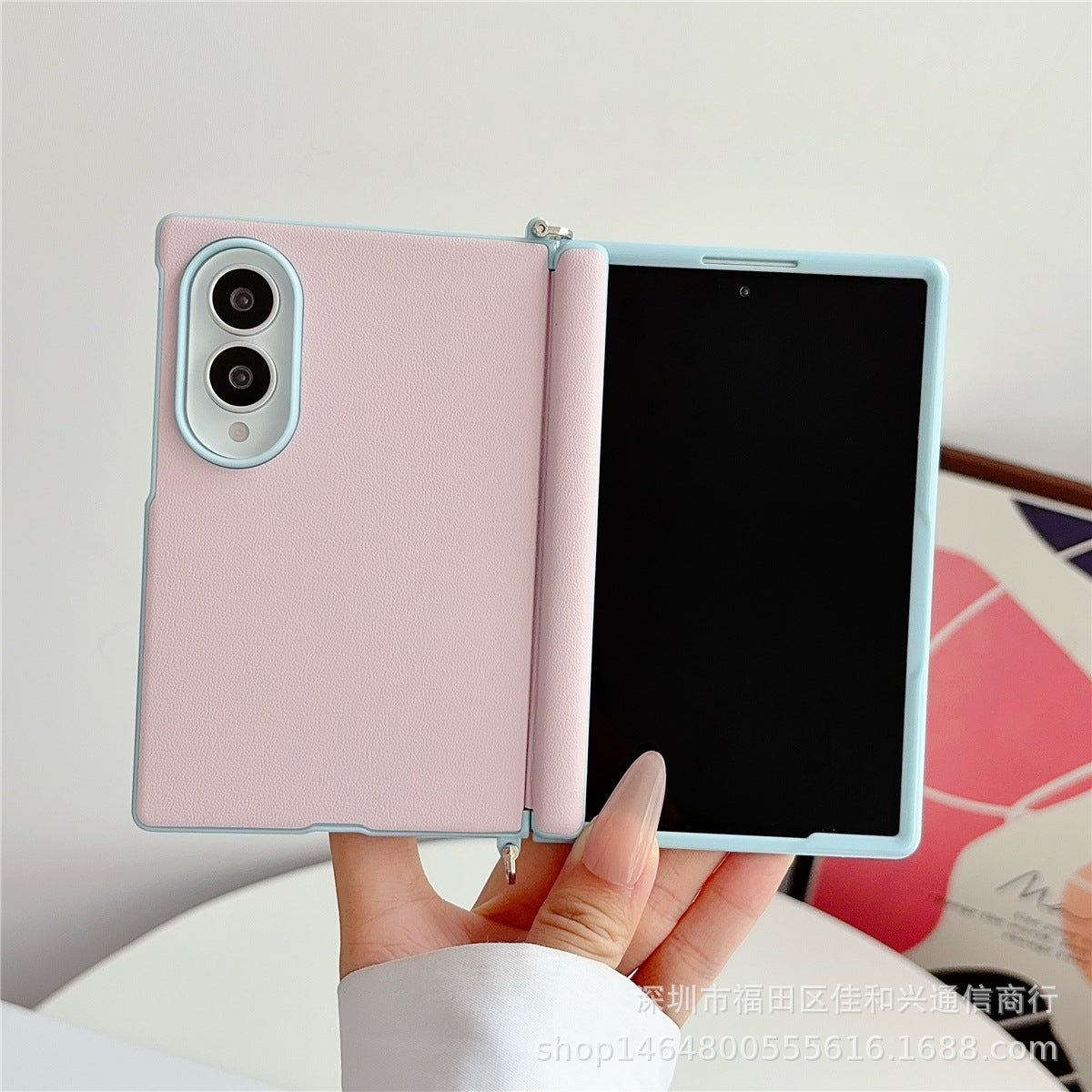Samsung Z Fold color-blocked central axis, lychee texture side buckle, full-coverage hard case (Exclusive)