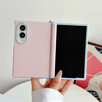 Samsung Z Fold color-blocked central axis, lychee texture side buckle, full-coverage hard case (Exclusive)