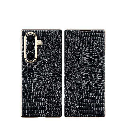 Samsung Z Fold Series Case with Crocodile Pattern Electroplated Gold trim Genuine Leather Case  (Exclusive)