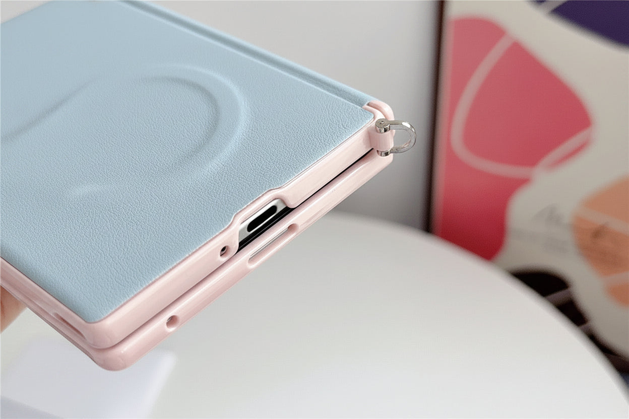 Samsung Z Fold color-blocked central axis, lychee texture side buckle, full-coverage hard case (Exclusive)