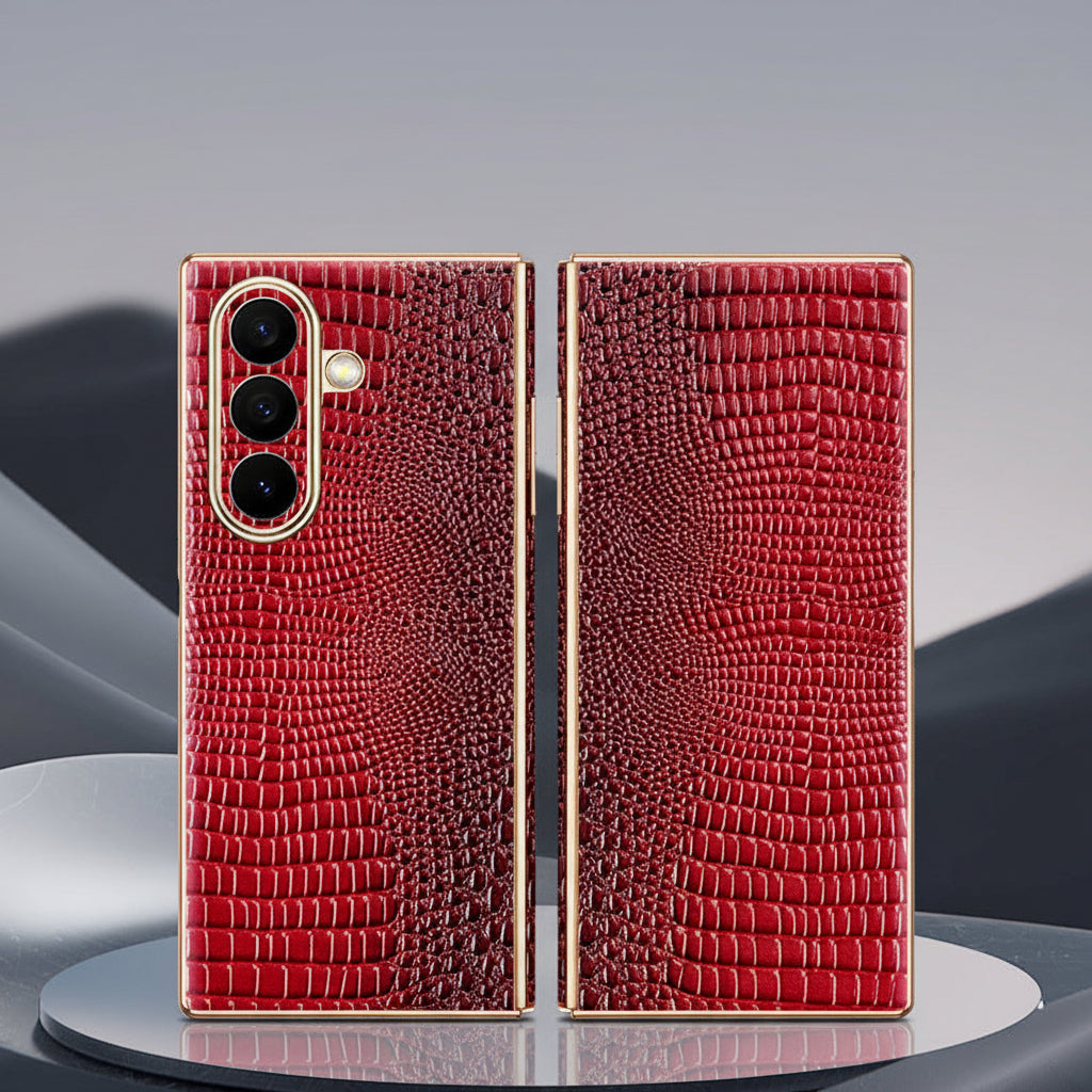Samsung Z Fold Series Case with Crocodile Pattern Electroplated Gold trim Genuine Leather Case  (Exclusive)