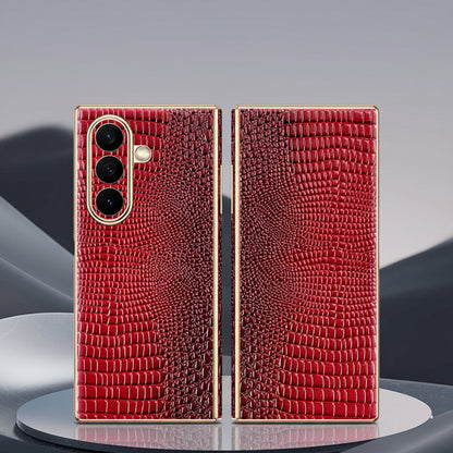 Samsung Z Fold Series Case with Crocodile Pattern Electroplated Gold trim Genuine Leather Case  (Exclusive)