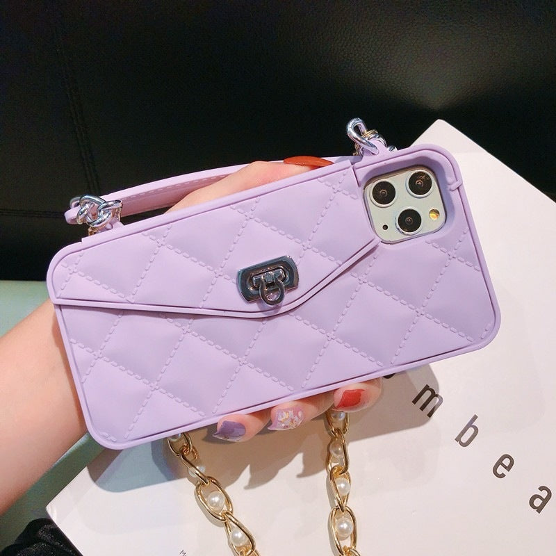 Apple iPhone diamond pattern card slot wallet,lanyard silicone phone case(Exclusive)