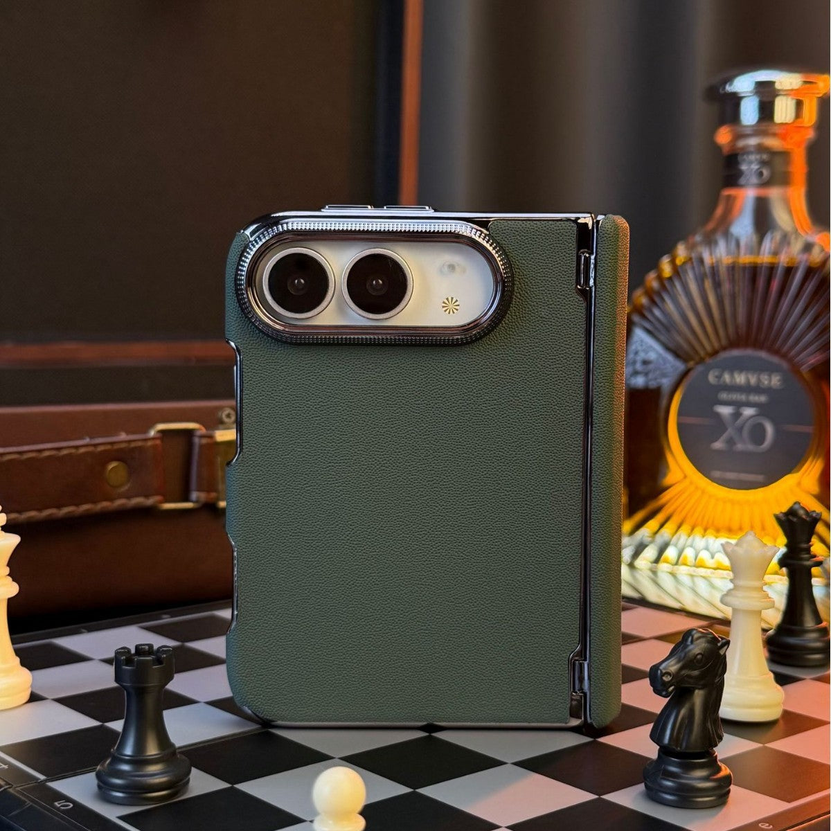 Apple iPhone plain leather electroplated frame, dual central axis protection, anti-drop case (Exclusive)