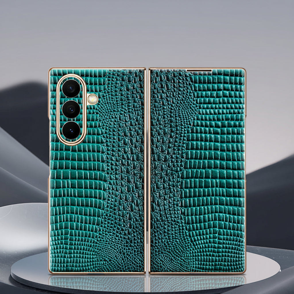 Samsung Z Fold Series Case with Crocodile Pattern Electroplated Gold trim Genuine Leather Case  (Exclusive)