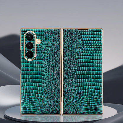 Samsung Z Fold Series Case with Crocodile Pattern Electroplated Gold trim Genuine Leather Case  (Exclusive)