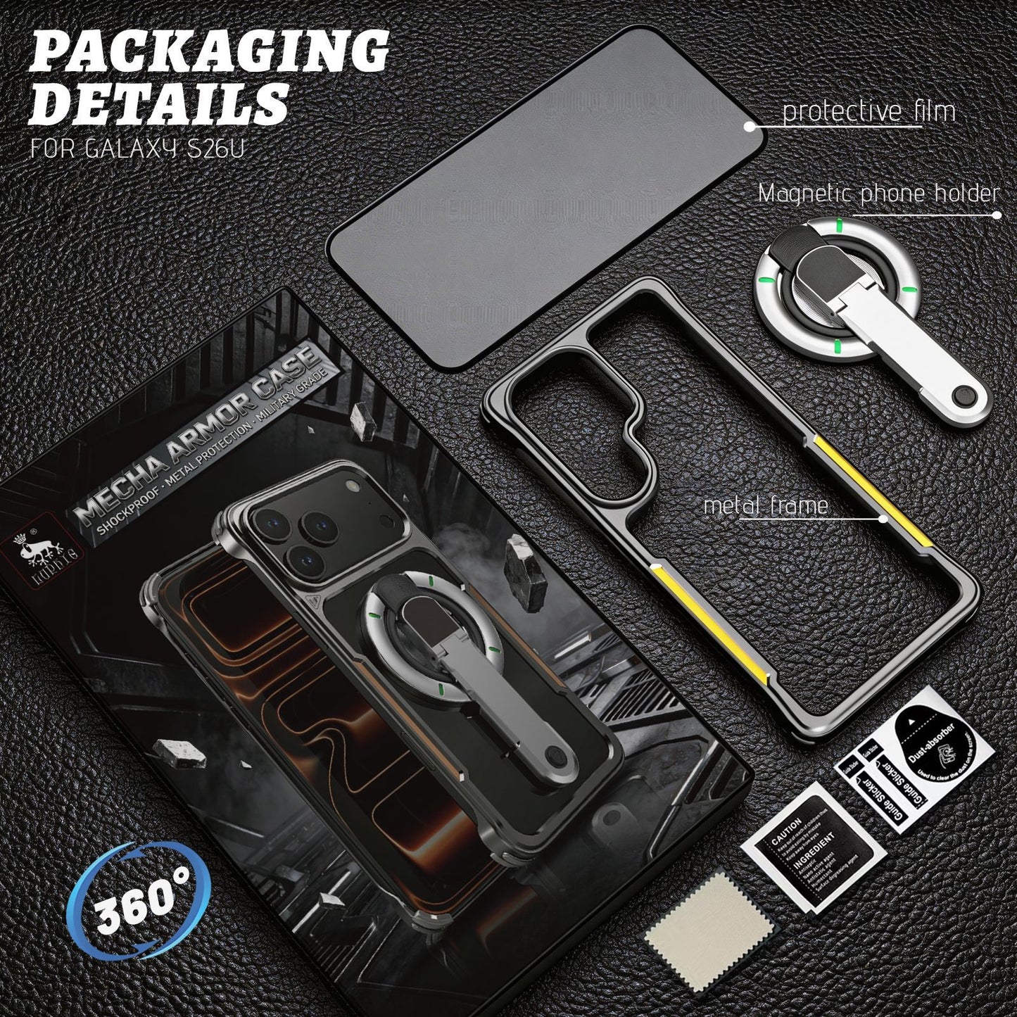 Apple Iphone & Samsung ultra rotating stand with film, metal frame, magnetic stand, protective case (Exclusive)