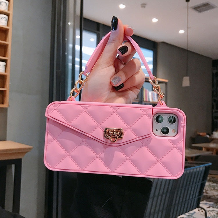 Apple iPhone diamond pattern card slot wallet,lanyard silicone phone case(Exclusive)