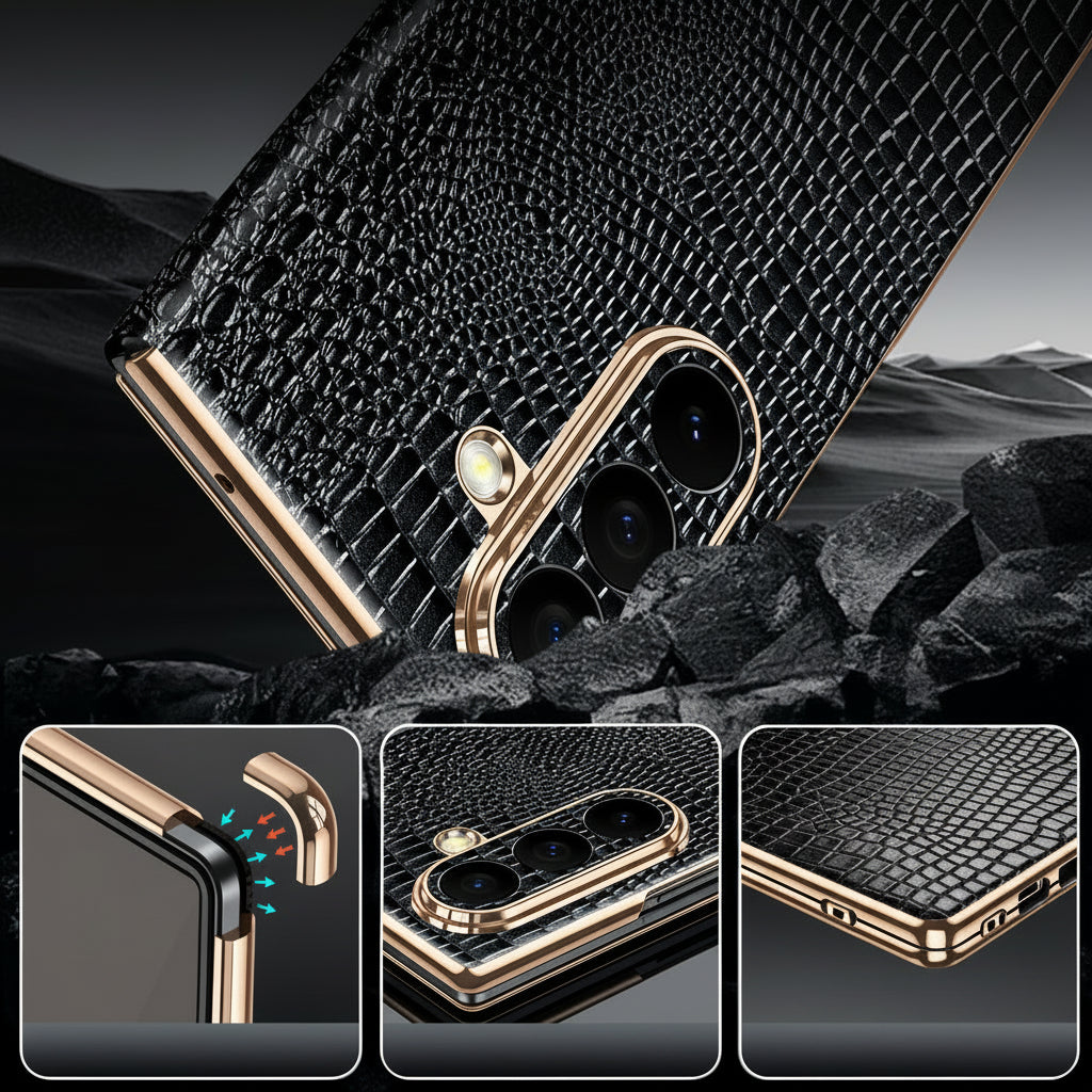Samsung Z Fold Series Case with Crocodile Pattern Electroplated Gold trim Genuine Leather Case  (Exclusive)