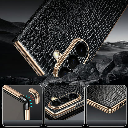 Samsung Z Fold Series Case with Crocodile Pattern Electroplated Gold trim Genuine Leather Case  (Exclusive)