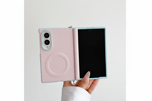 Samsung Z Fold color-blocked central axis, lychee texture side buckle, full-coverage hard case (Exclusive)