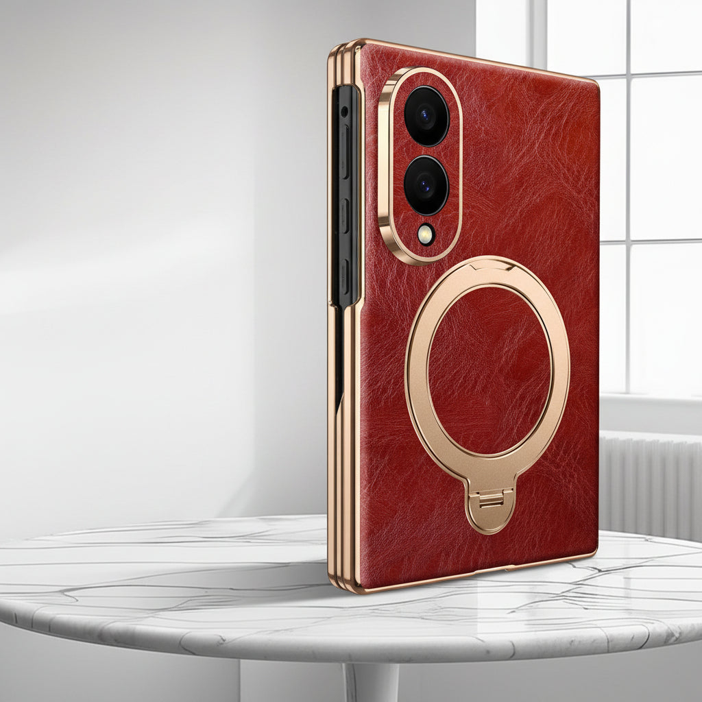 Samsung Flip Cover, Gold-Edged Stand, Oil-Wax Leather Protective Case (Exclusive)