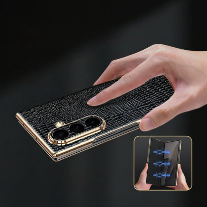 Samsung Z Fold Series Case with Crocodile Pattern Electroplated Gold trim Genuine Leather Case  (Exclusive)