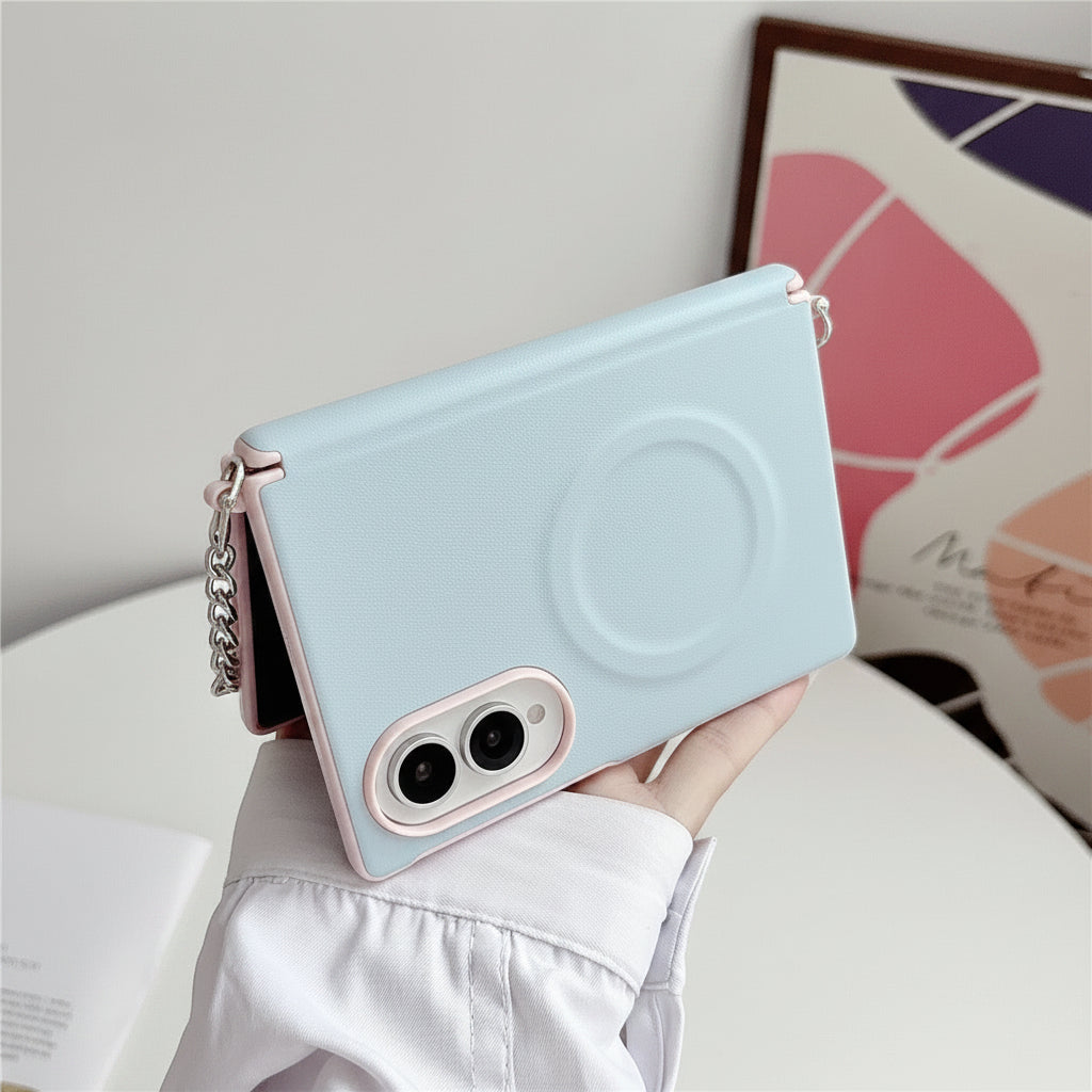Samsung Z Fold color-blocked central axis, lychee texture side buckle, full-coverage hard case (Exclusive)