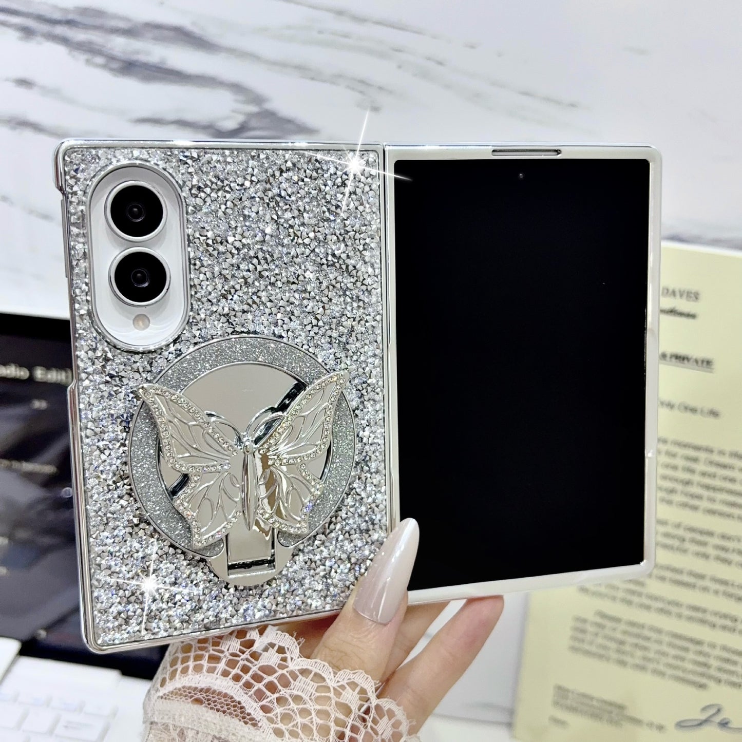 Samsung Fold electroplated butterfly folding diamond folding case (Exclusive)