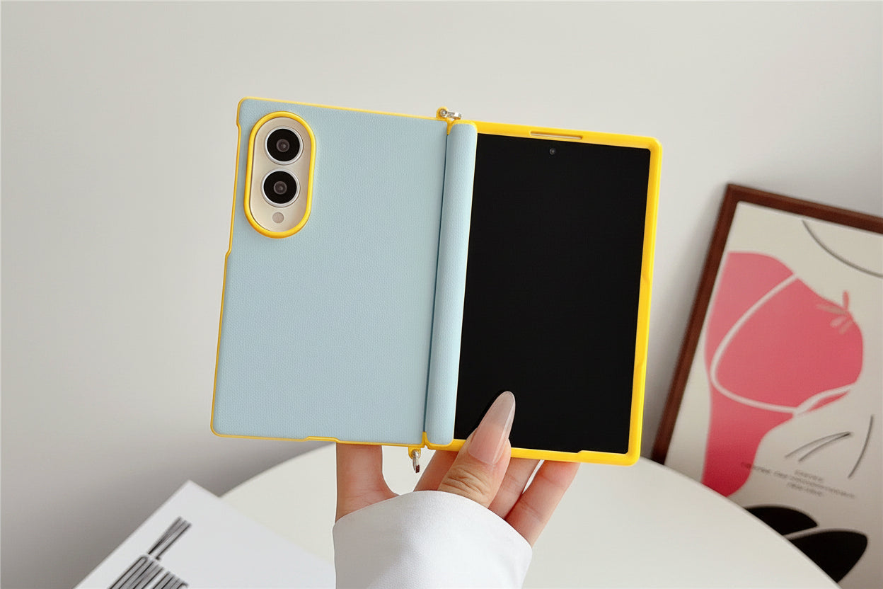 Samsung Z Fold color-blocked central axis, lychee texture side buckle, full-coverage hard case (Exclusive)