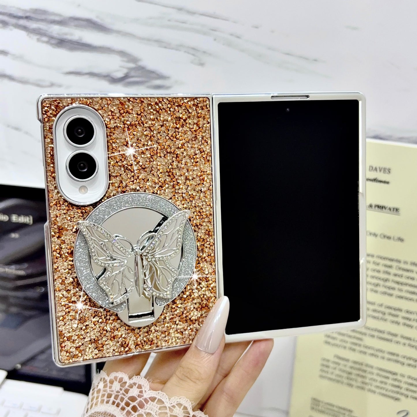Samsung Fold electroplated butterfly folding diamond folding case (Exclusive)