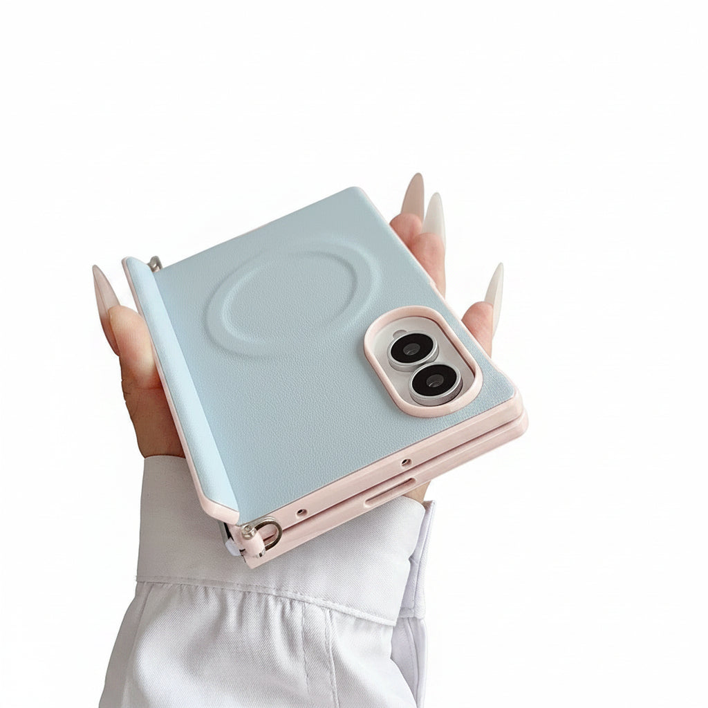 Samsung Z Fold color-blocked central axis, lychee texture side buckle, full-coverage hard case (Exclusive)