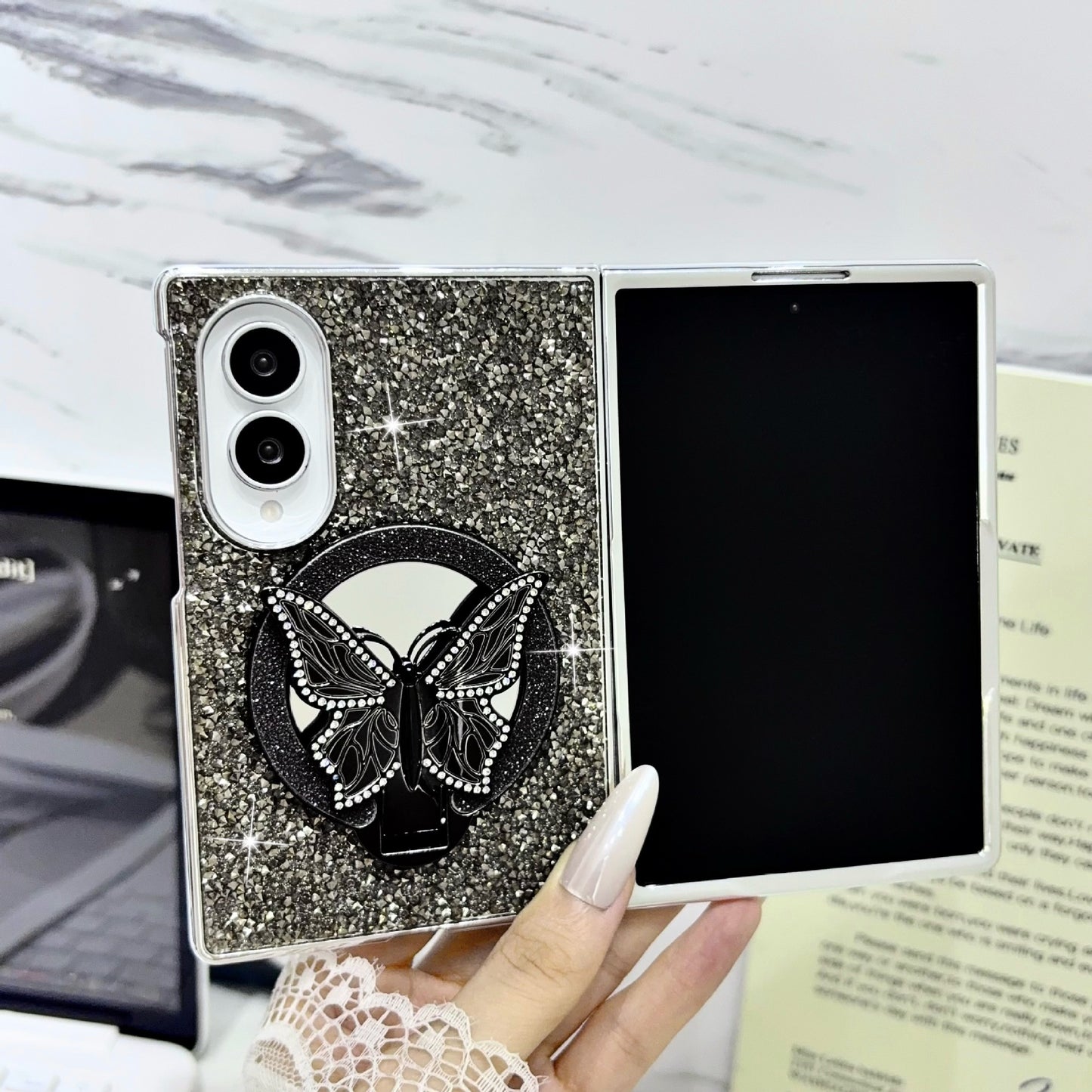 Samsung Fold electroplated butterfly folding diamond folding case (Exclusive)