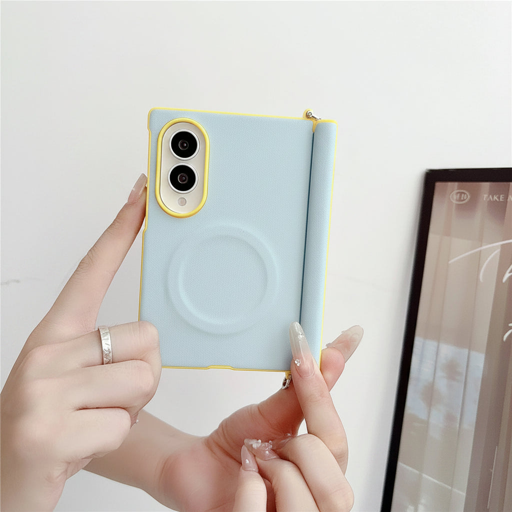Samsung Z Fold color-blocked central axis, lychee texture side buckle, full-coverage hard case (Exclusive)