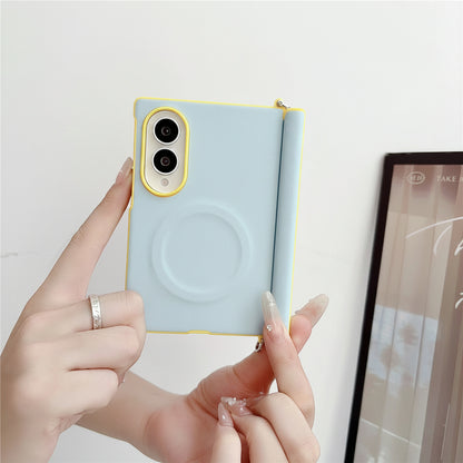 Samsung Z Fold color-blocked central axis, lychee texture side buckle, full-coverage hard case (Exclusive)