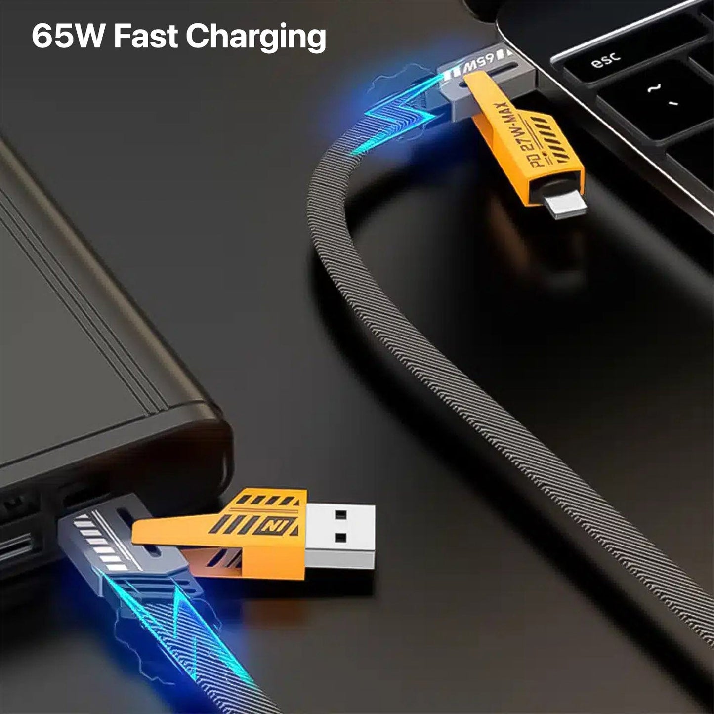 Fast Charging 4-in-1 65W Fast Charging Flat Nylon Braided Data Sync Cable With USB, Lightning, C-Type Ports