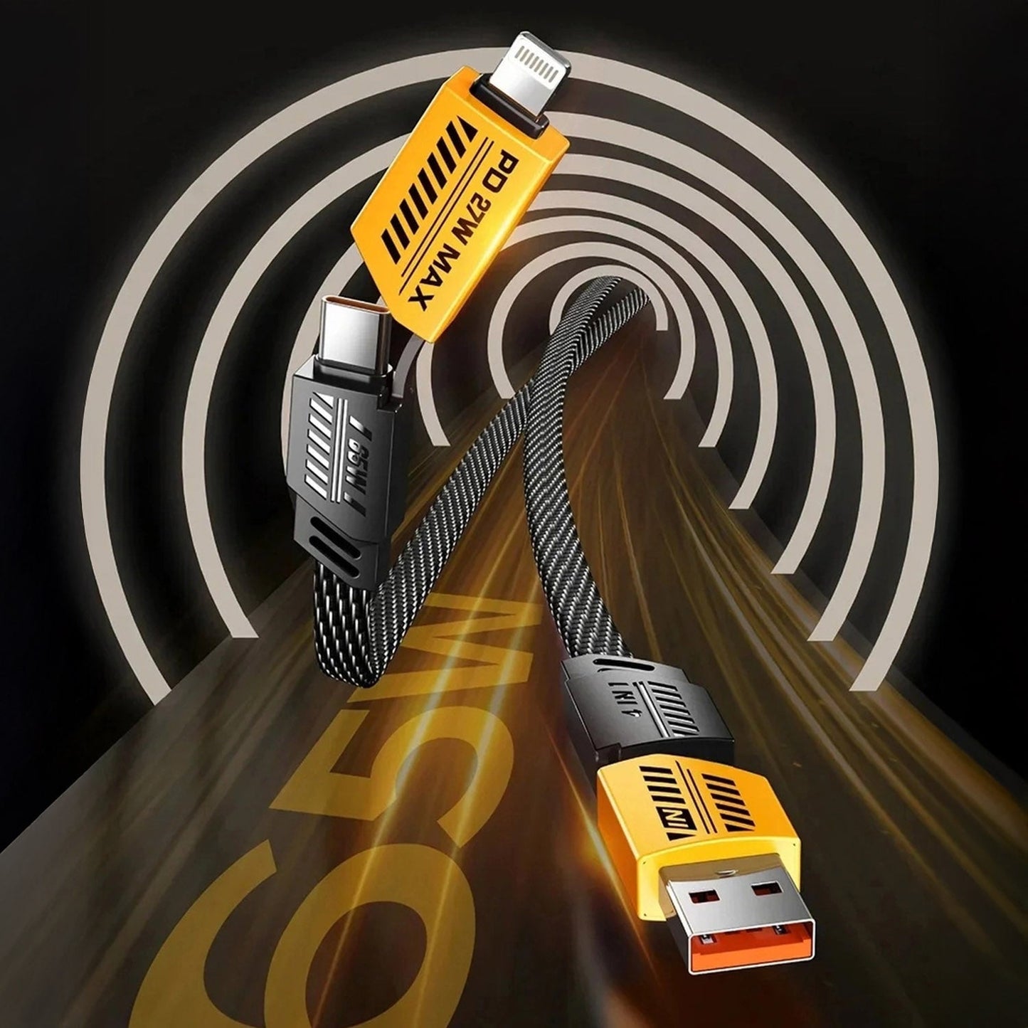 Fast Charging 4-in-1 65W Fast Charging Flat Nylon Braided Data Sync Cable With USB, Lightning, C-Type Ports